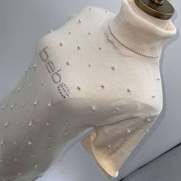 Bebe Cream Short Sleeve Turtleneck Pearl Sequin Logo Sweater- L - Picture 3 of 12